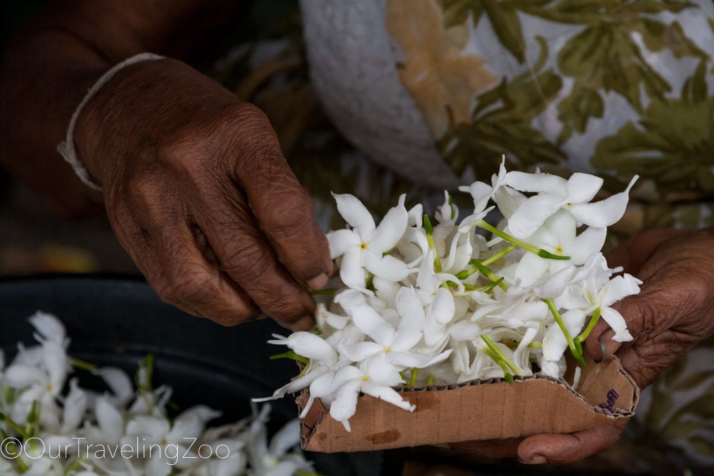 A woman handles flowers to be sold as offerings near the Temple of the Tooth in Kandy, Sri Lanka